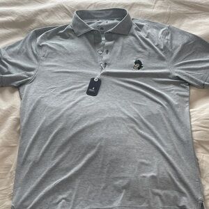 MSU johnnie-O Men’s Green/Gray striped Polo Shirt with gruff sparty icon